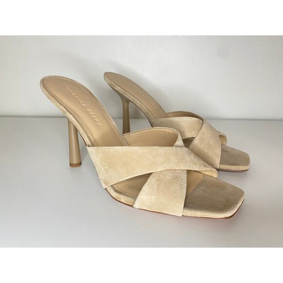 SALE NEW VERONICA BEARD SANDALS BEIGE TAN HEELED OPEN TOE SUEDE LEATHER - Picture 1 of 10